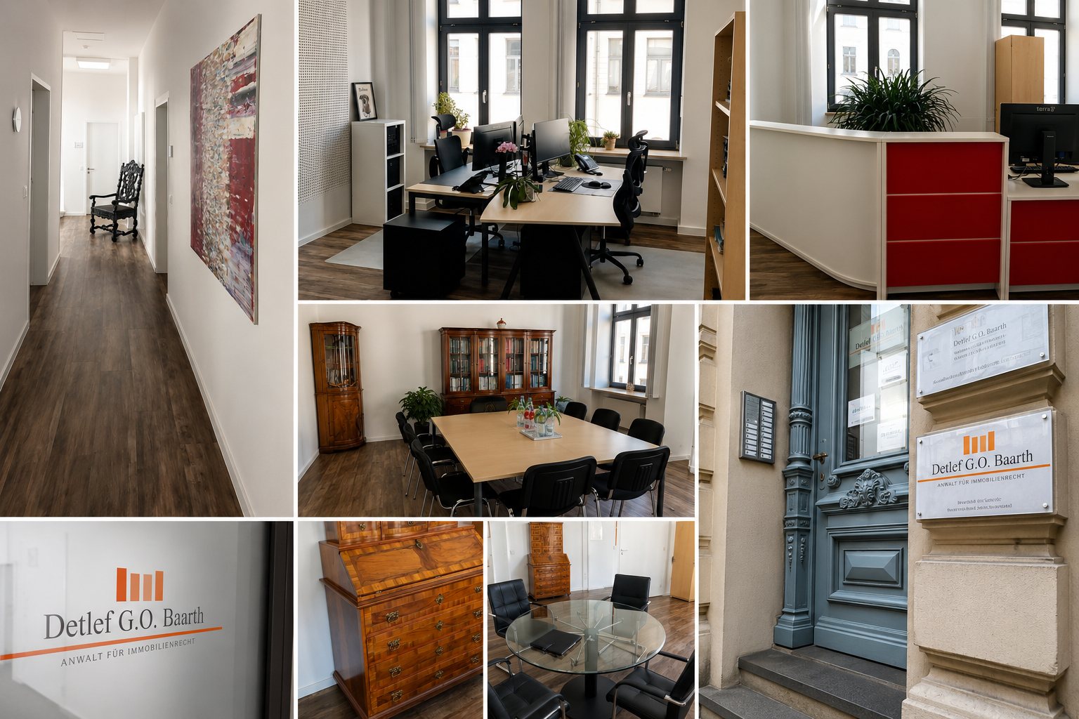Einblicke in die Kanzleiräume in der Sternstraße 33: Empfang, Besprechungszimmer, Arbeitsplatz und historischer Hauseingang